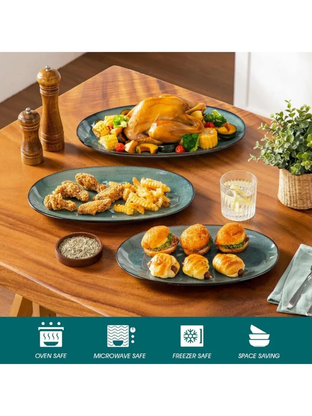 Ceramic Serving Platters Set of 3 - Oval Stoneware Dishes for Entertaining